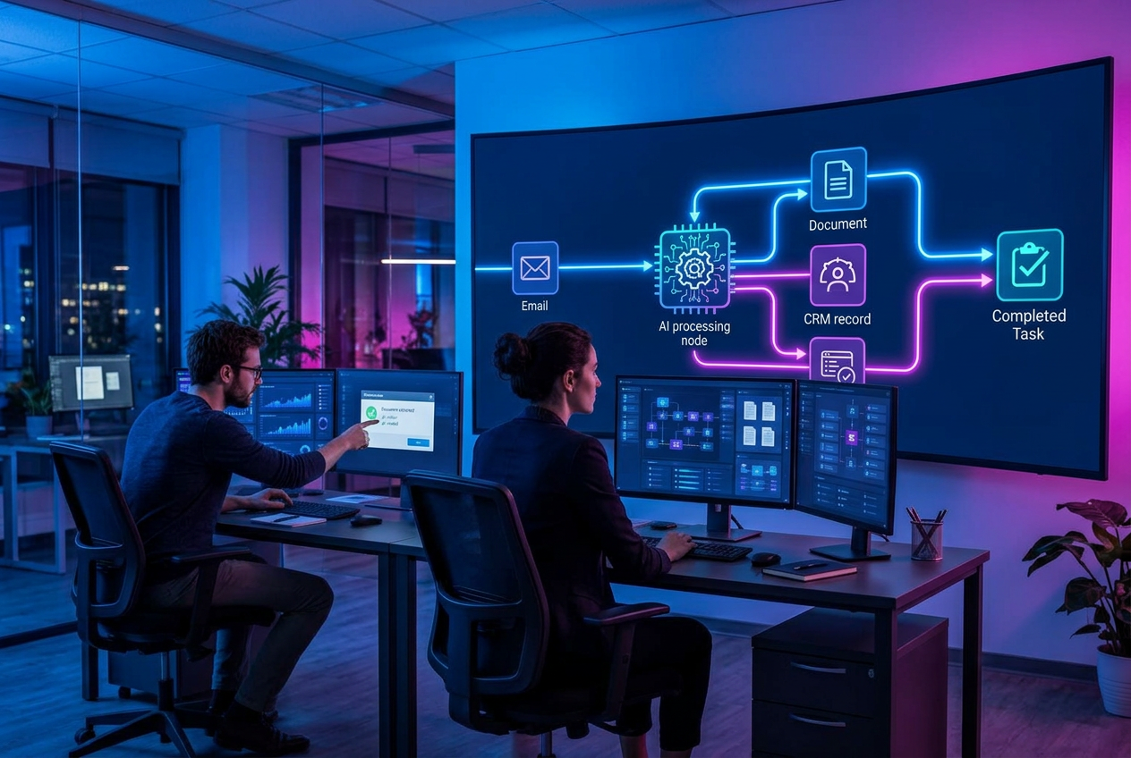 Specialisten die een geautomatiseerde digitale workflow controleren