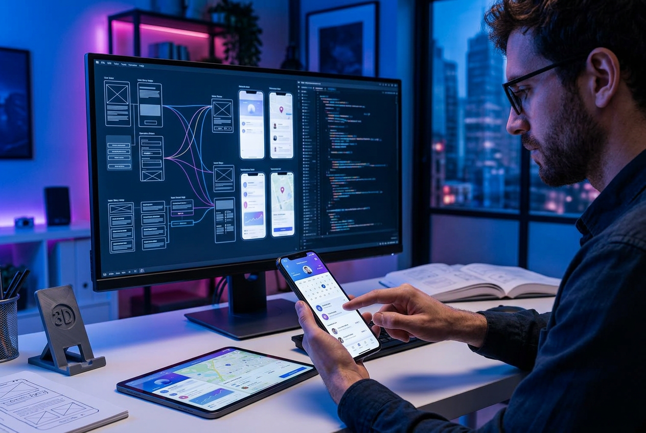 Ontwikkelaars die een mobiele bedrijfsapp testen op smartphone en computer
