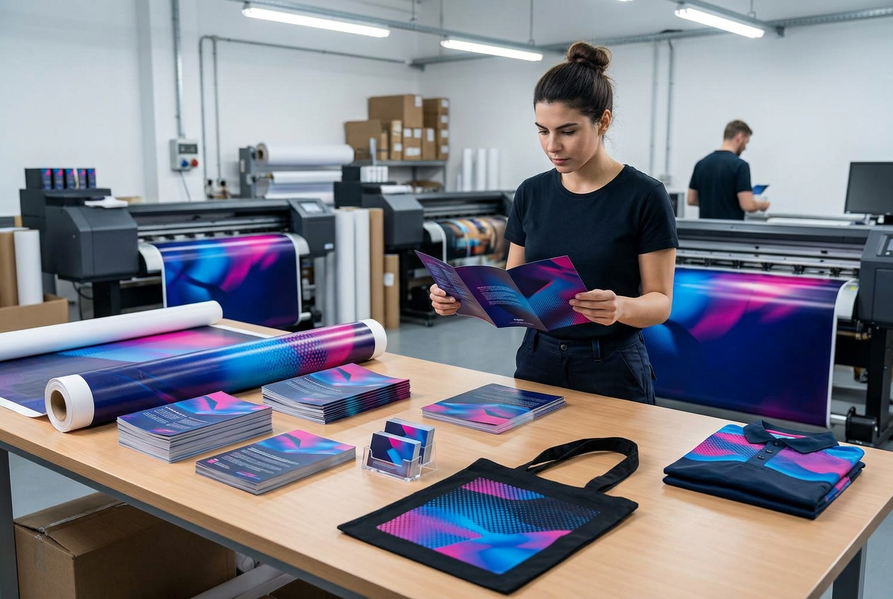 Drukspecialist die brochures, kaarten, textiel en promotiemateriaal controleert