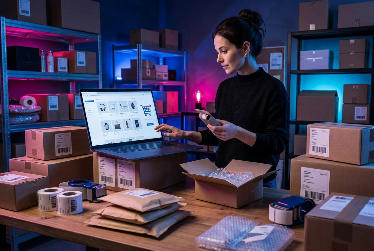 Ondernemer die haar webshop beheert vanuit een professionele verzendomgeving