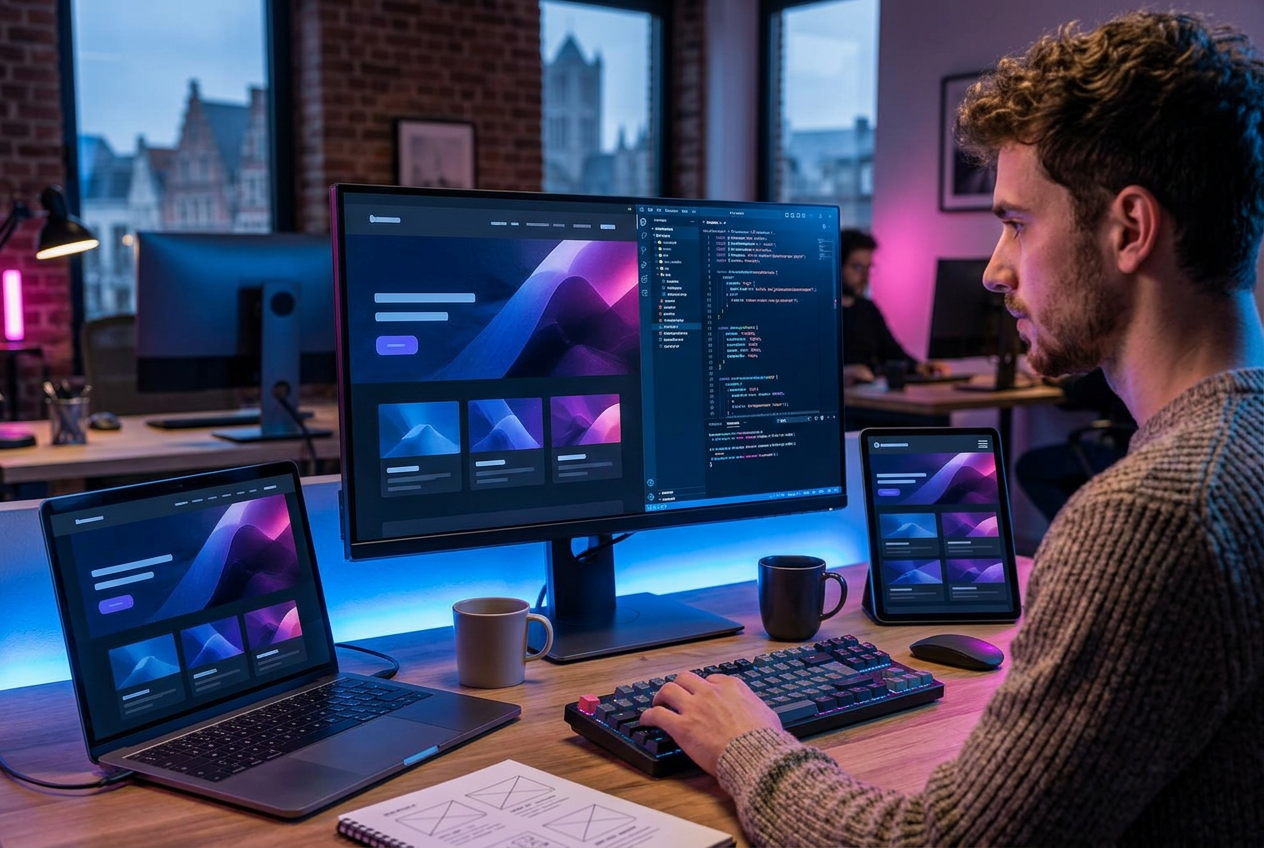 Webteam dat een responsive bedrijfswebsite uitwerkt op verschillende schermen